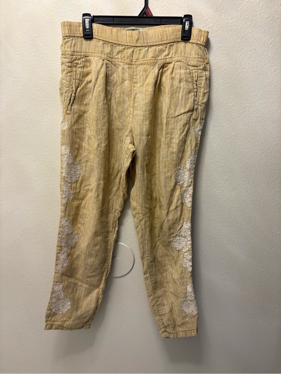 Anthropologie Pants - Anthropologie Linen Lace Pants XS Mustard Yellow Striped Relaxed Pull On